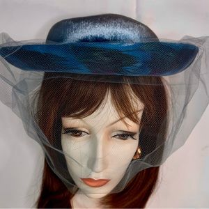 Vintage Marshall Field & Co Blue velvet Hat with Veil and feathers
